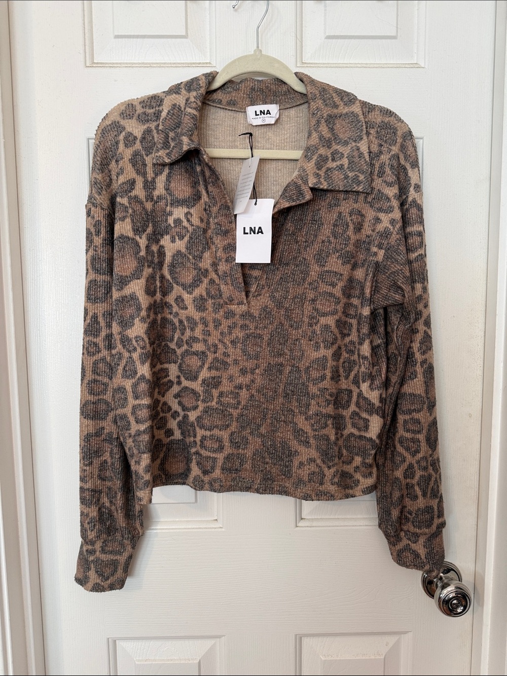 LNA Taupe and Brown Leopard Knit Polo Sweater